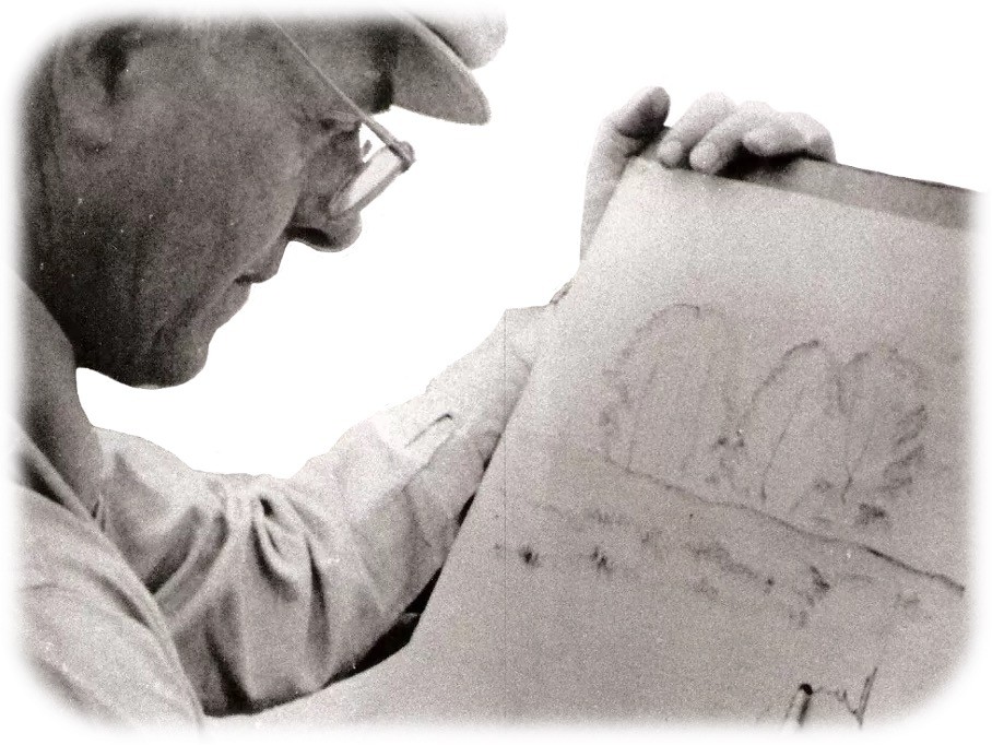 Zwart-wit foto van Jan Jans (1893-1963die een tekening maakt van een landschap met bomen.