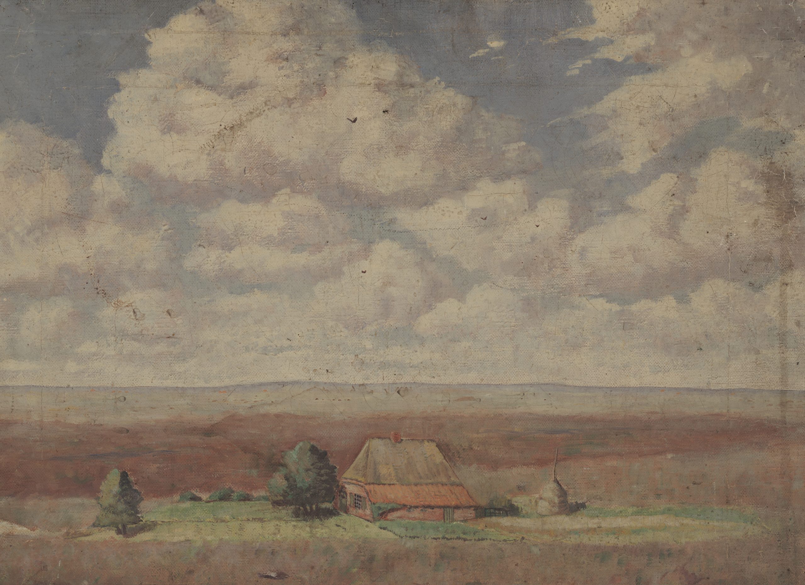 Schilderij van een landschap met boerderij gemaakt door Jan Jans. Boven de boerderij is een bewolkte lucht, naast de boerderij bomen.